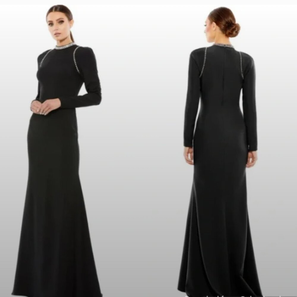 MAC DUGGAL 26612 JEWELED LONG SLEEVE TRUMPET BLACK GOWN sz 12